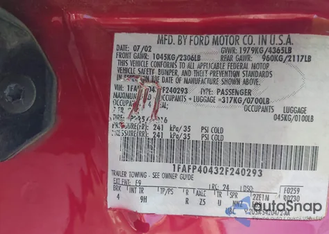 2002 Ford Mustang from USA, damaged, VIN 1FAFP40432F240293